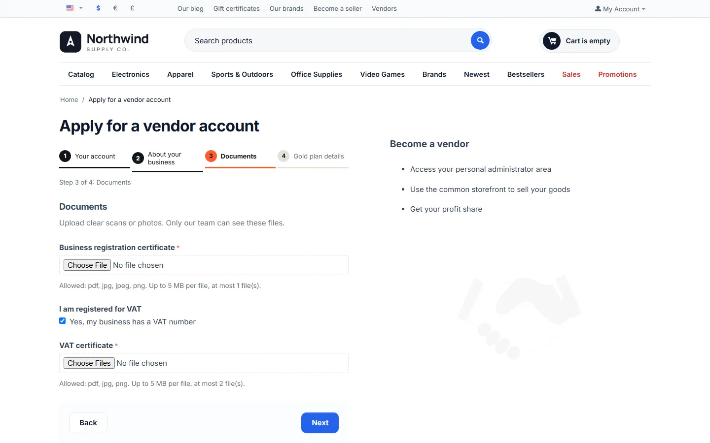 The documents step on Multi-Vendor 4.17.2 with another storefront theme.