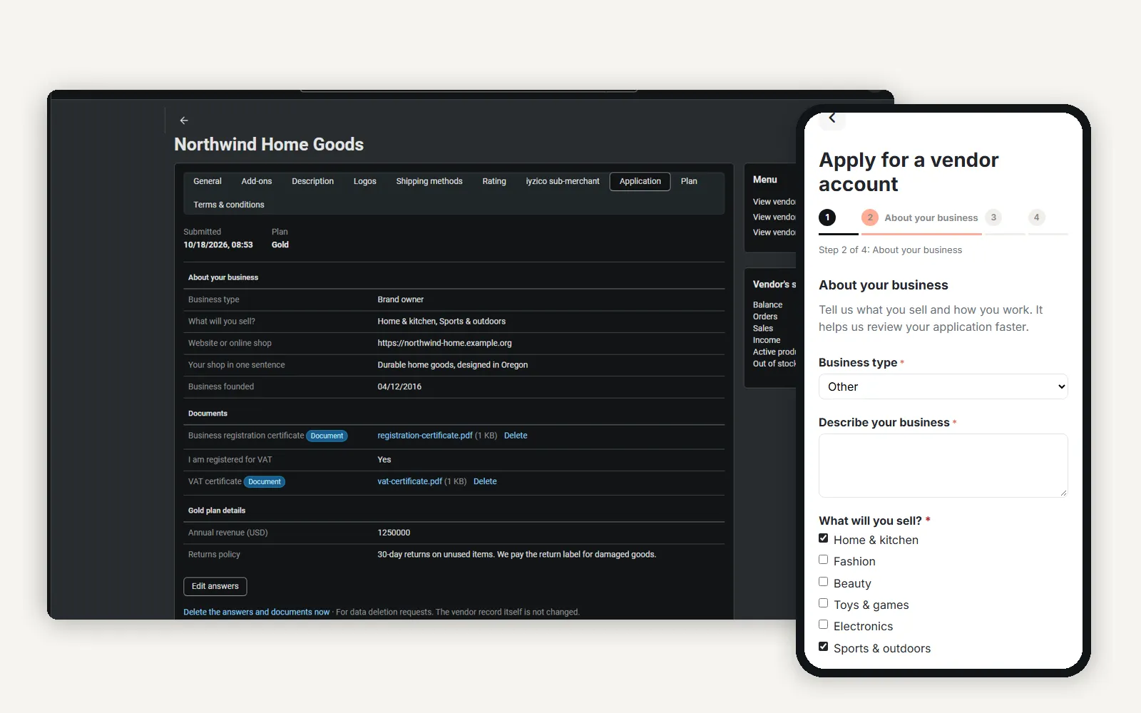The Application tab on the vendor page next to the storefront application step on a phone.