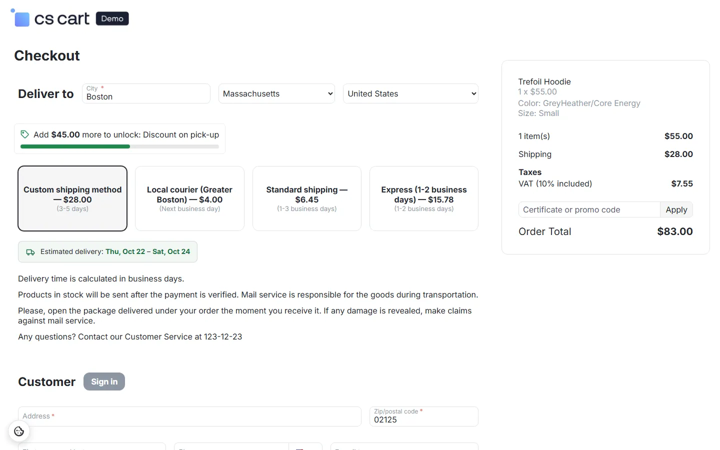 Checkout: the vendor’s table-rate methods (Local courier, Standard, Express) with prices and delivery times next to the marketplace method.