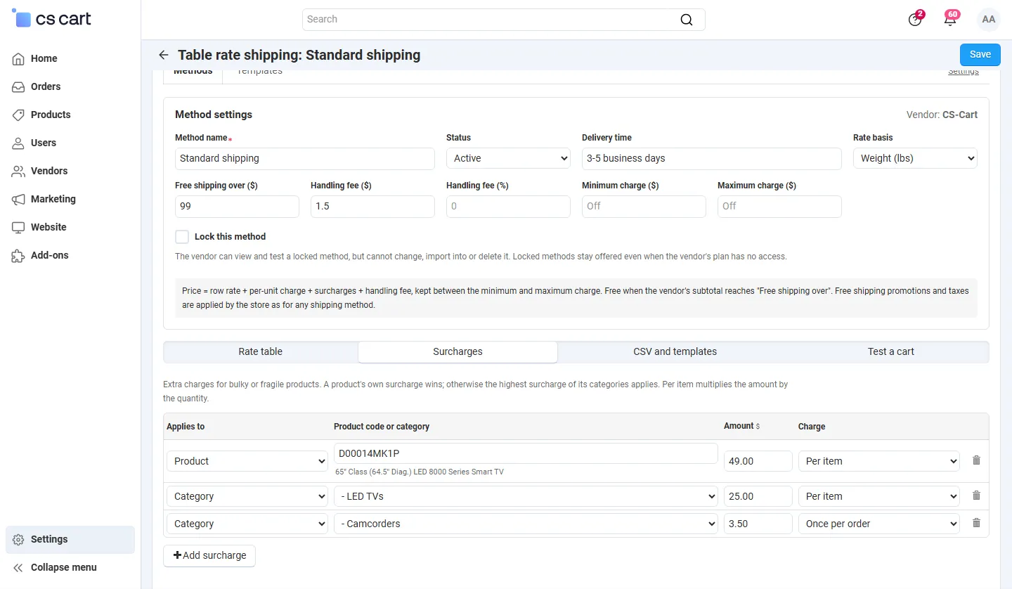 Surcharges: a product by code and two categories, per item or once per order.