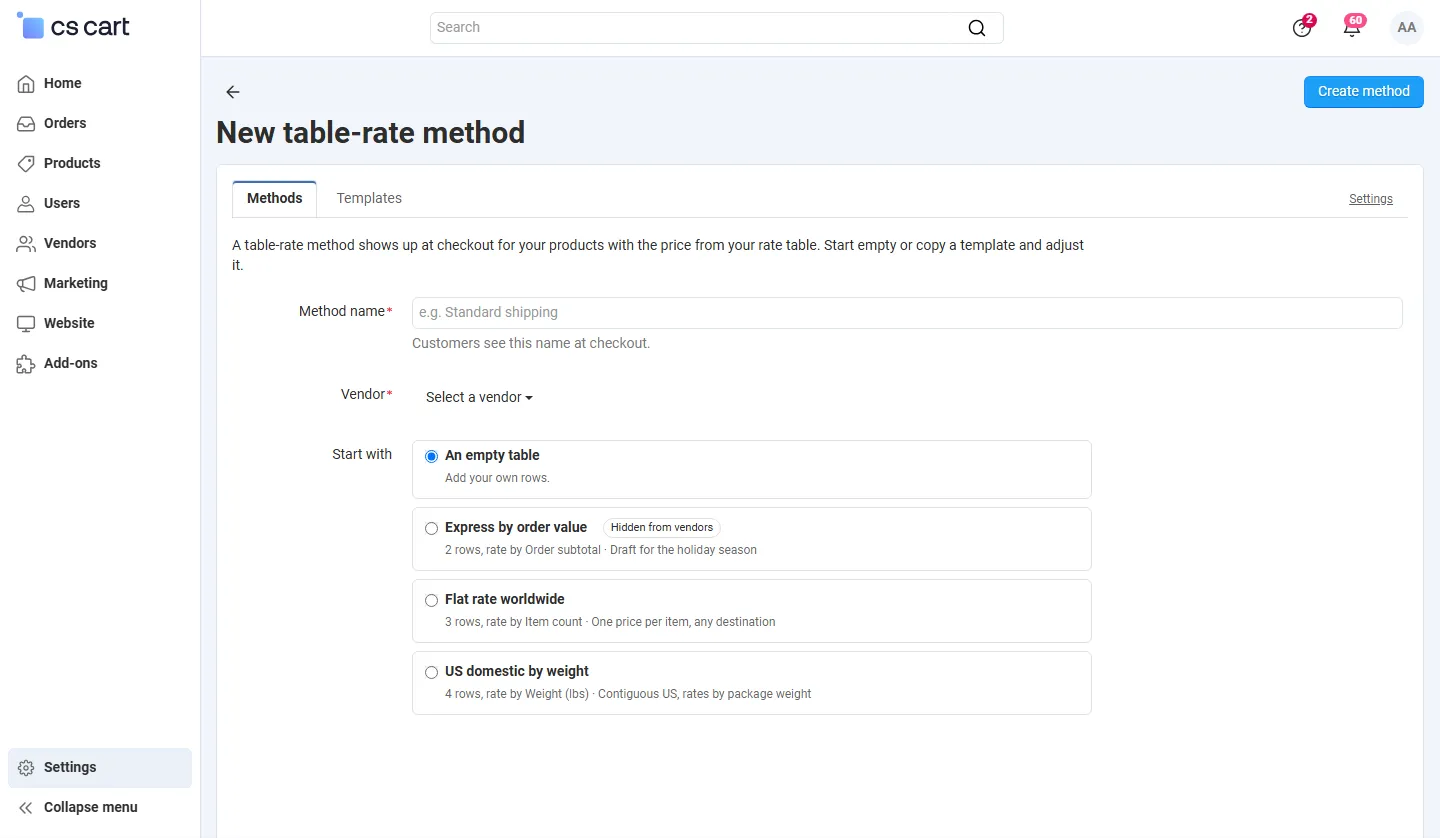 New method: vendor, name and start from an empty table or a template.