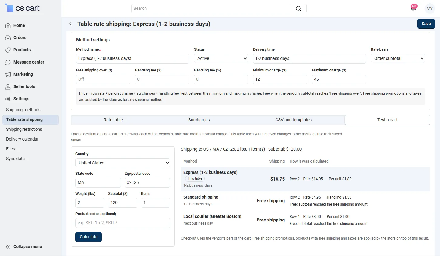 Vendor panel: Test a cart with free shipping over the amount.