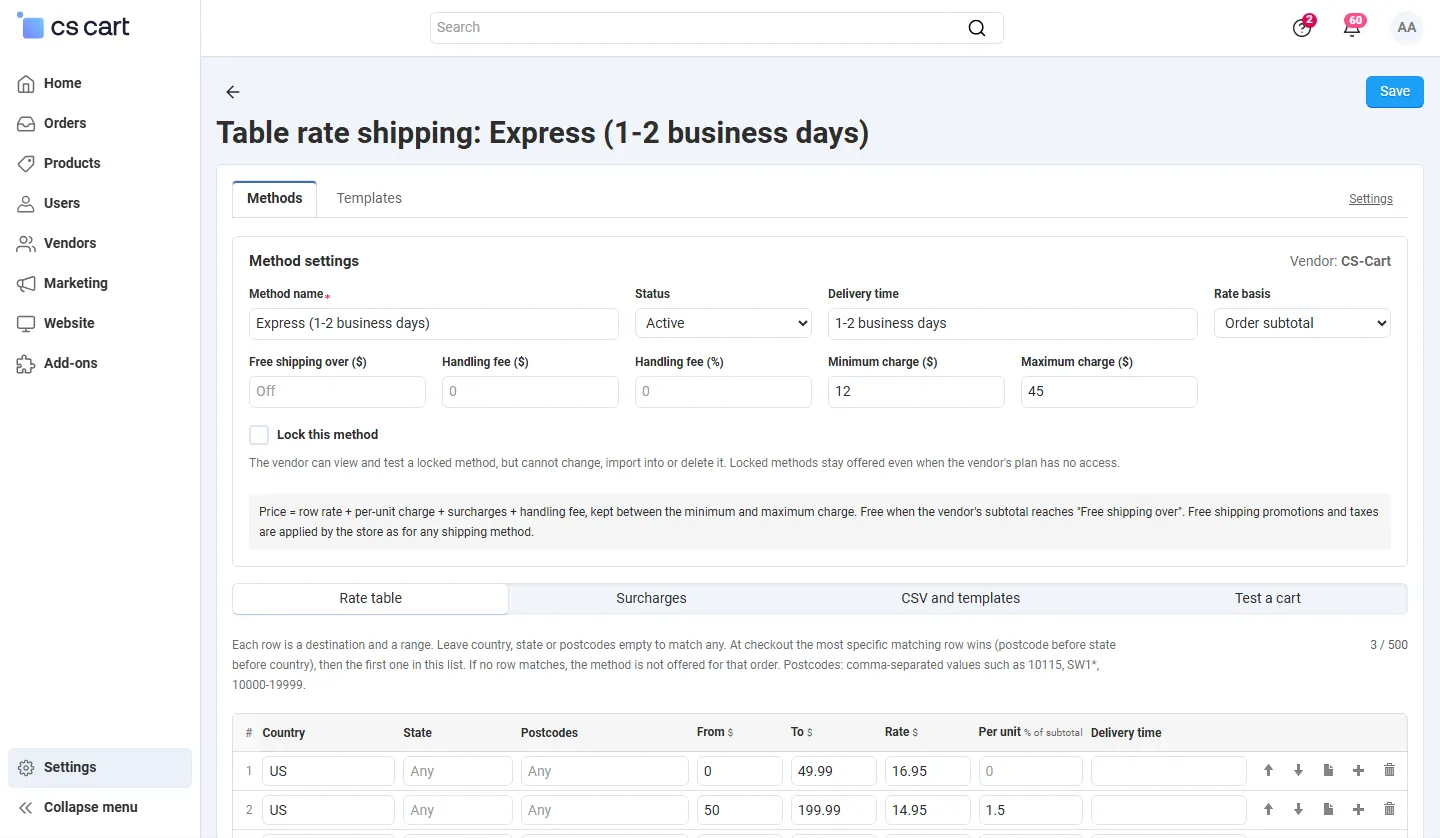 Method settings of an Express method by order subtotal with minimum and maximum charge.
