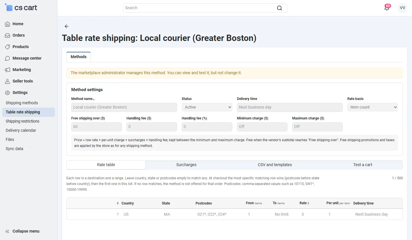 Vendor panel: a method locked by the administrator, read-only.