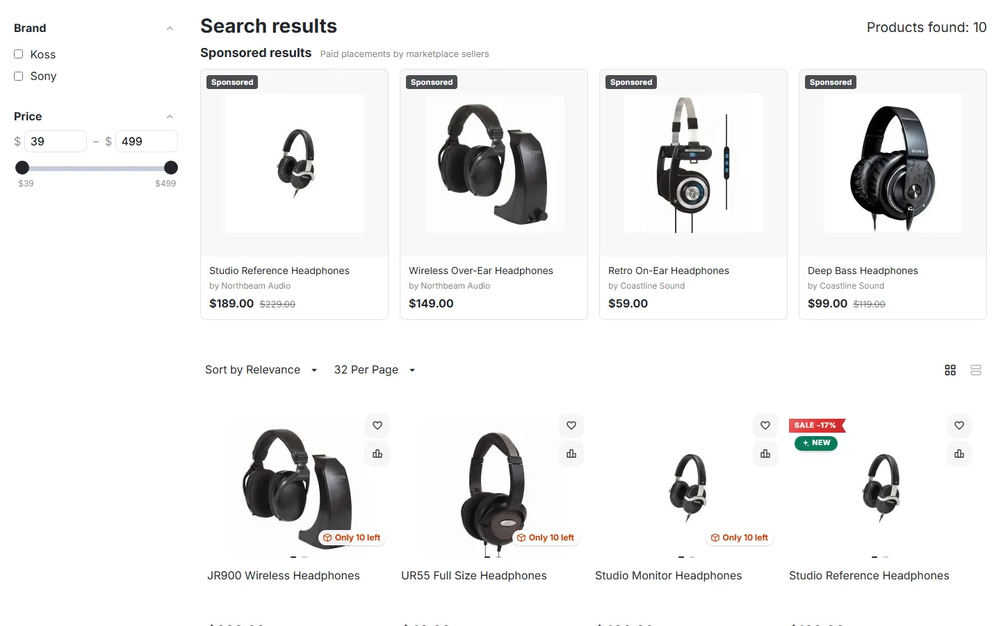 “Sponsored results” under the search results title, only products matching the search.