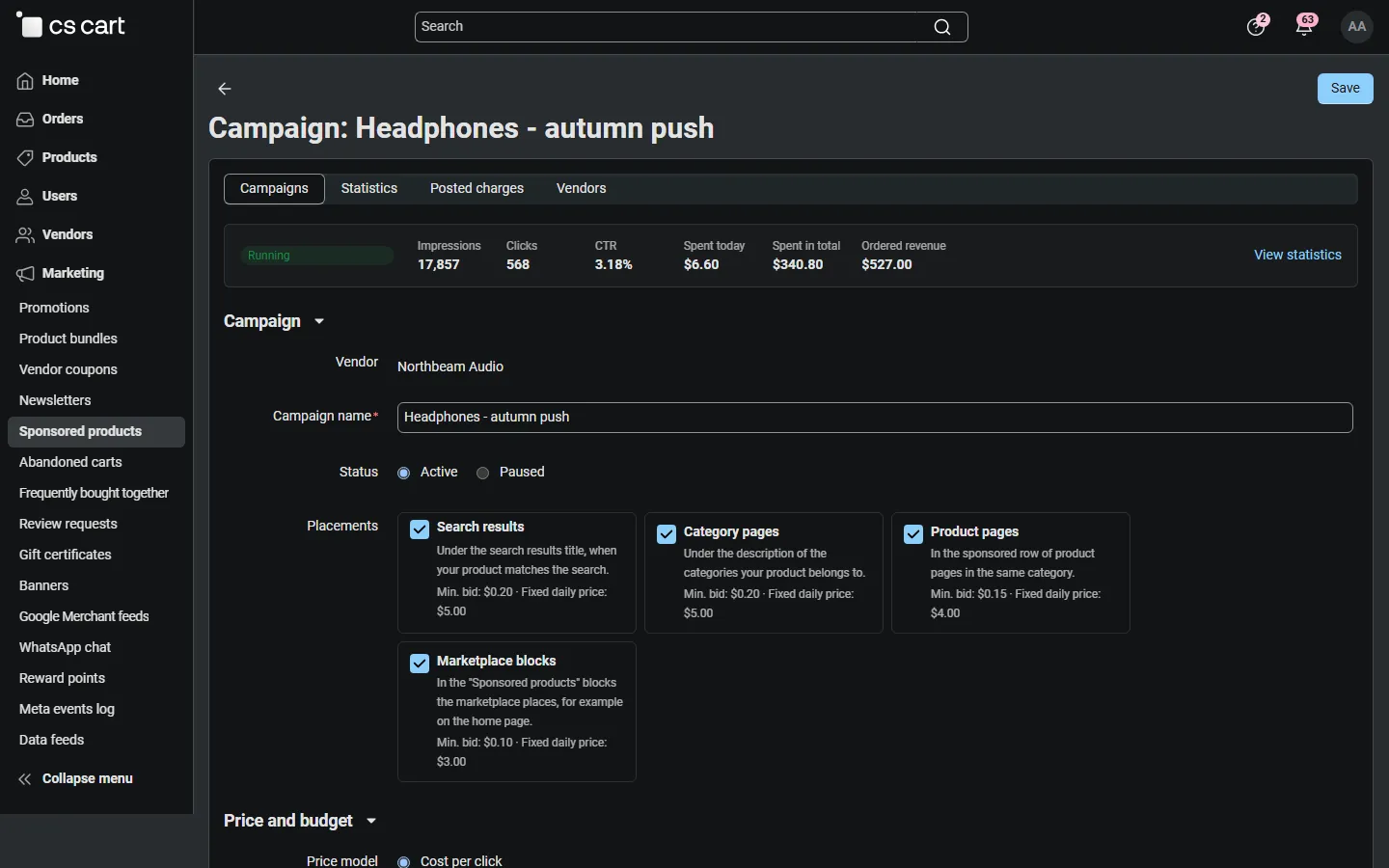 Admin campaign page with its figures and settings.