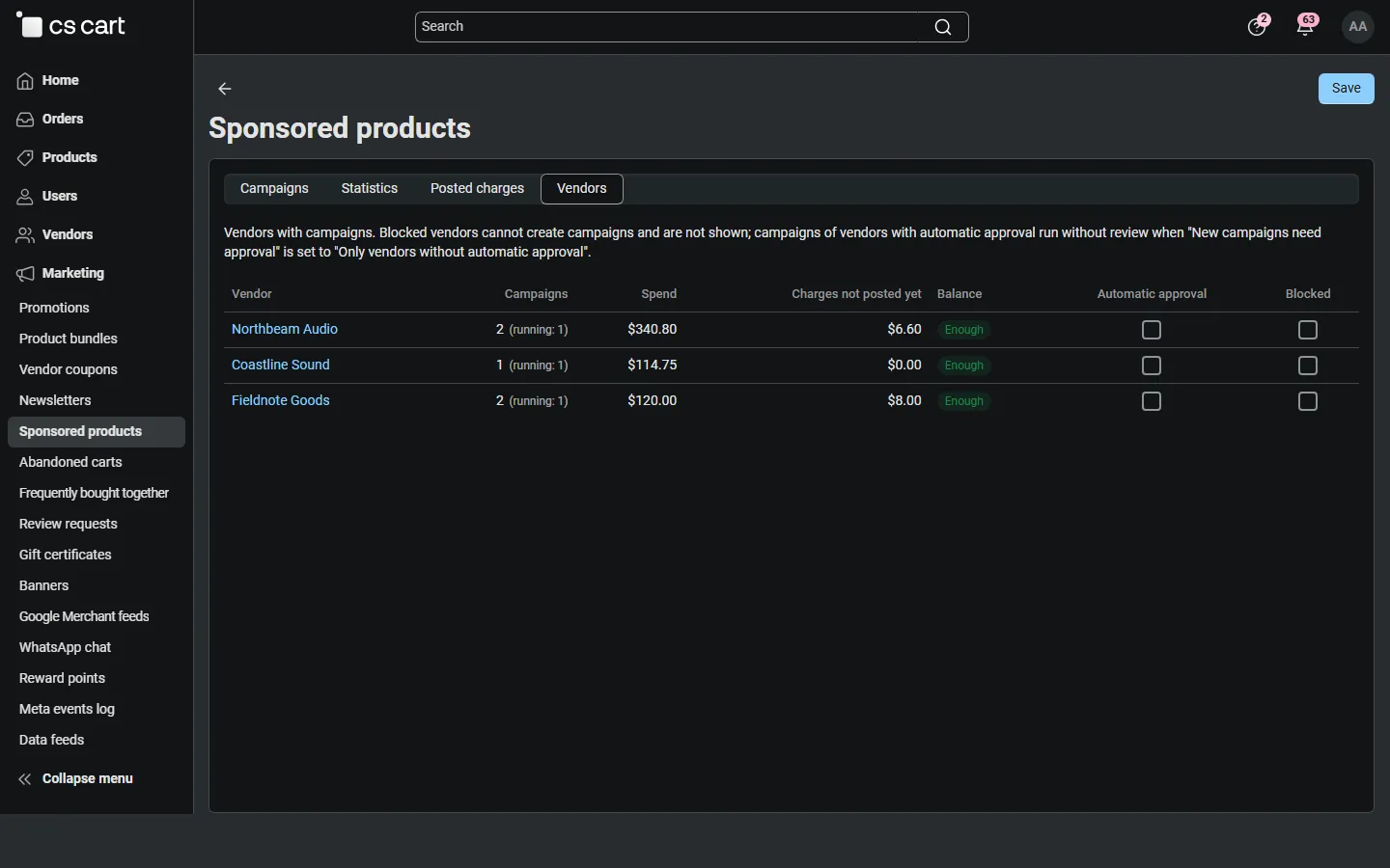 Vendors with campaigns: spend, balance flag, automatic approval, blocked.