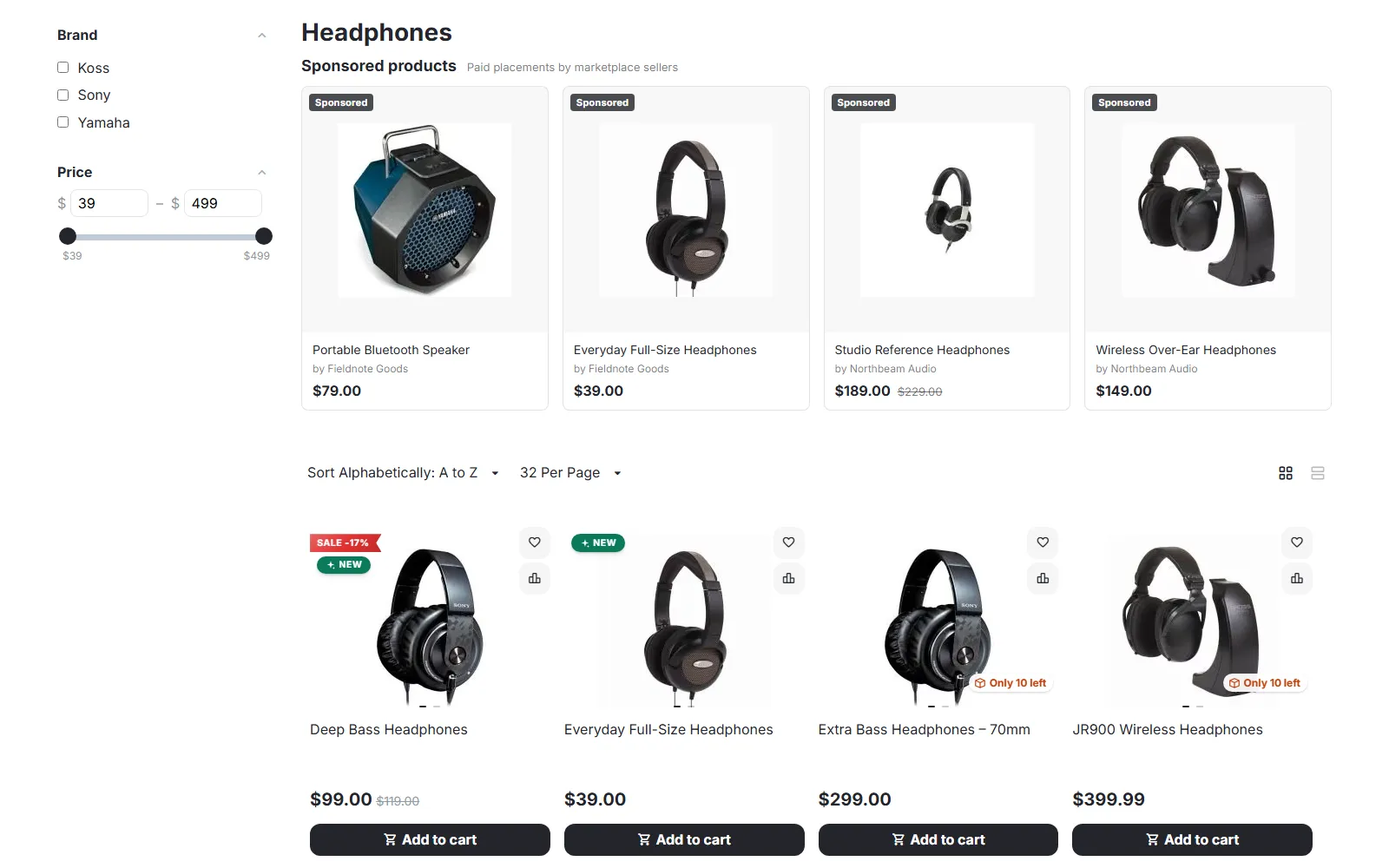 Category page: “Sponsored products” under the title, every card marked “Sponsored” with the vendor’s name.