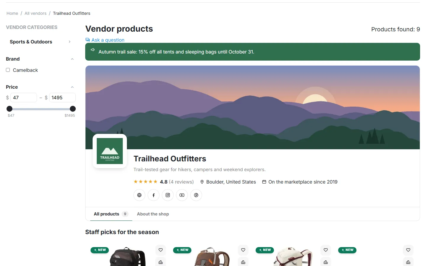 Vendor store (microstore) page: announcement bar, banner header with logo, tagline, 4.8 rating, location and member-since facts, social links and the All products / About the shop tabs.