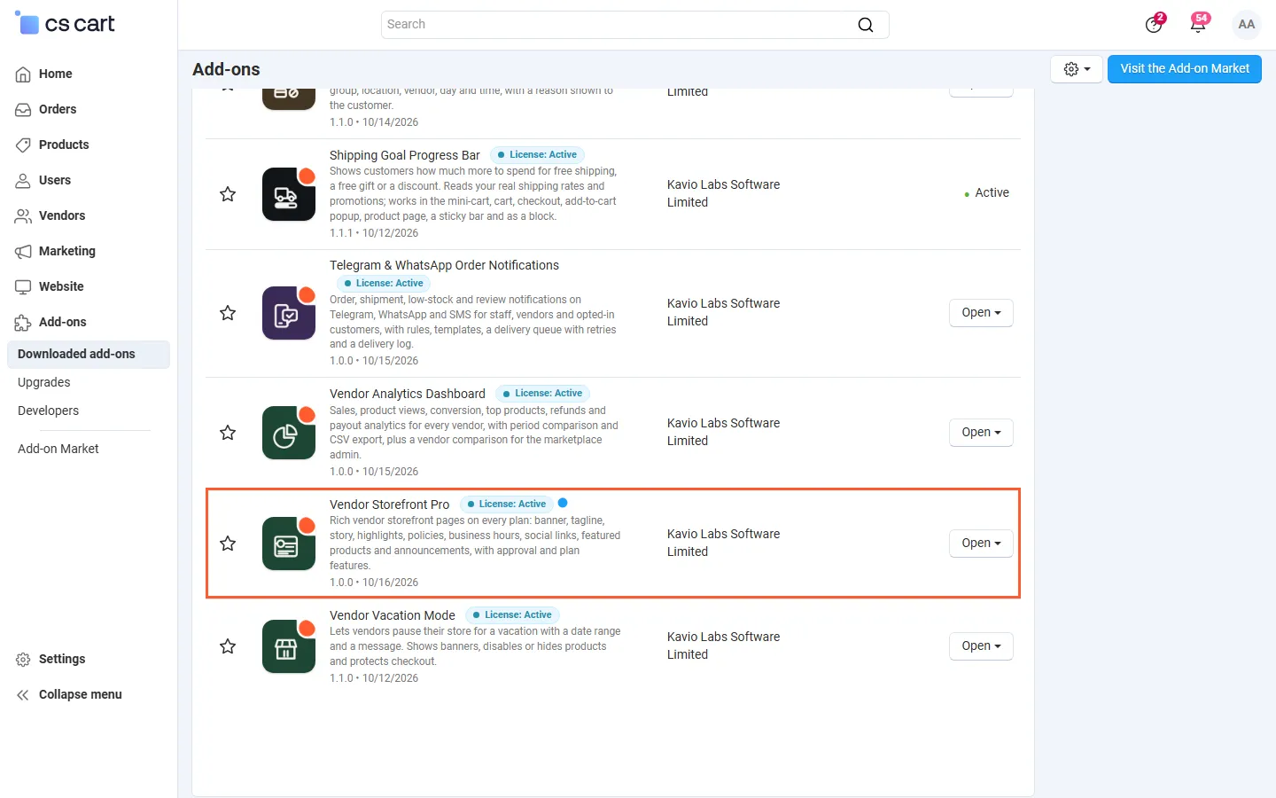 Admin, Downloaded add-ons filtered to Kavio Labs (Multi-Vendor 4.21.2), Vendor Storefront Pro highlighted. Re-shot by the integration step with the add-on icon.