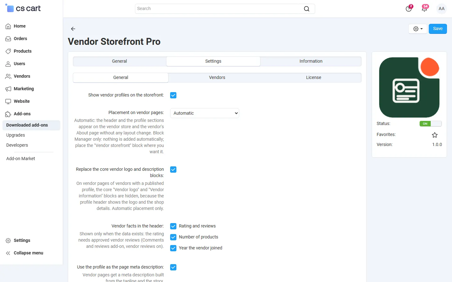 Add-on settings, General: show on the storefront, placement (automatic or Block Manager only), replace the core vendor blocks, vendor facts, meta description. Re-shot by the integration step with the add-on icon.