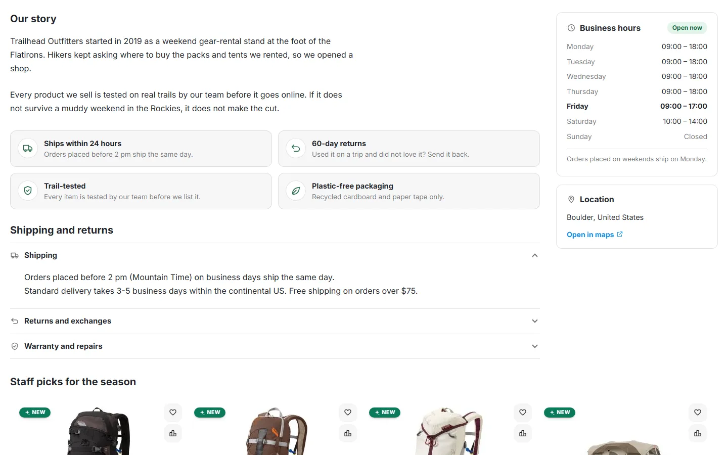 Story, four highlights with icons, shipping and returns policies, business hours with “Open now” and today in bold, location with a map link.
