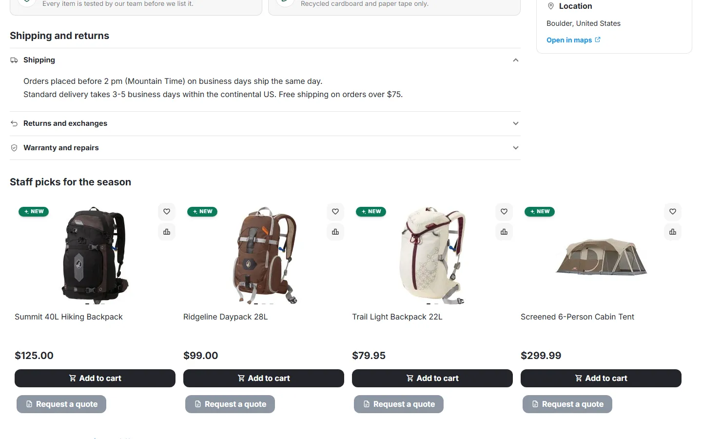 Policies as expandable sections (shipping, returns, warranty) and the vendor’s featured products in the theme’s own product grid.
