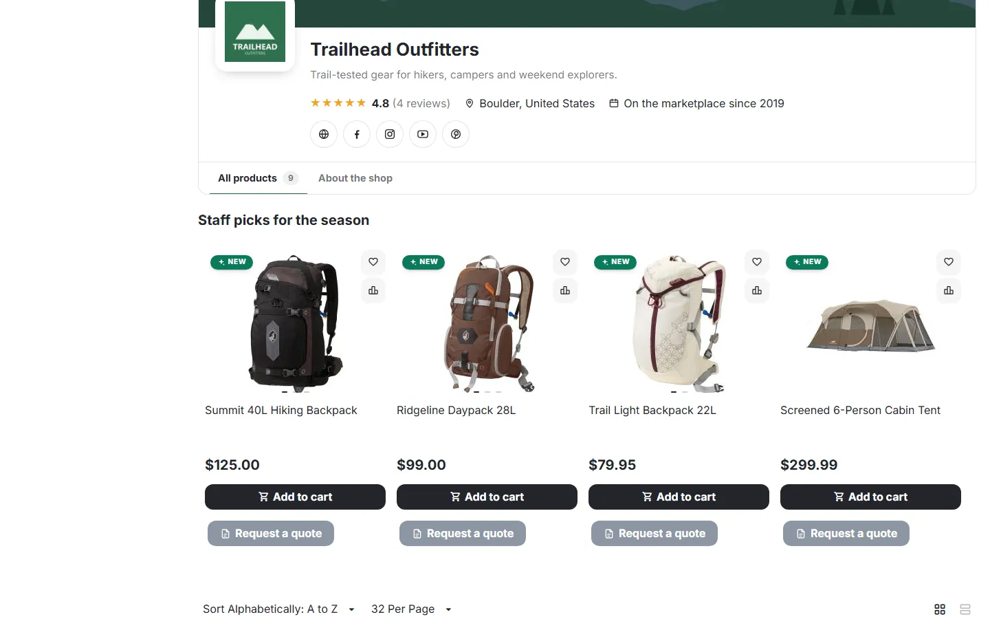 “Staff picks for the season”: products chosen and ordered by the vendor, with the theme’s add-to-cart buttons.
