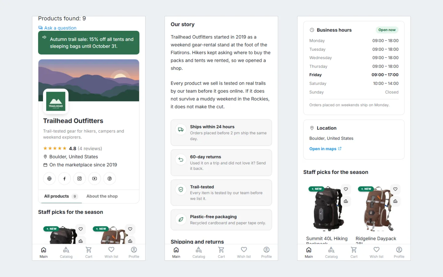 Phone view (390 px): header, story with highlights, business hours and featured products.