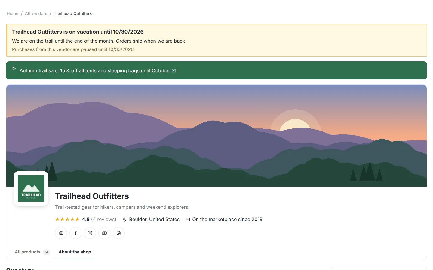 Works with Vendor Vacation Mode: its vacation banner above the profile and “On vacation until” in the business hours.