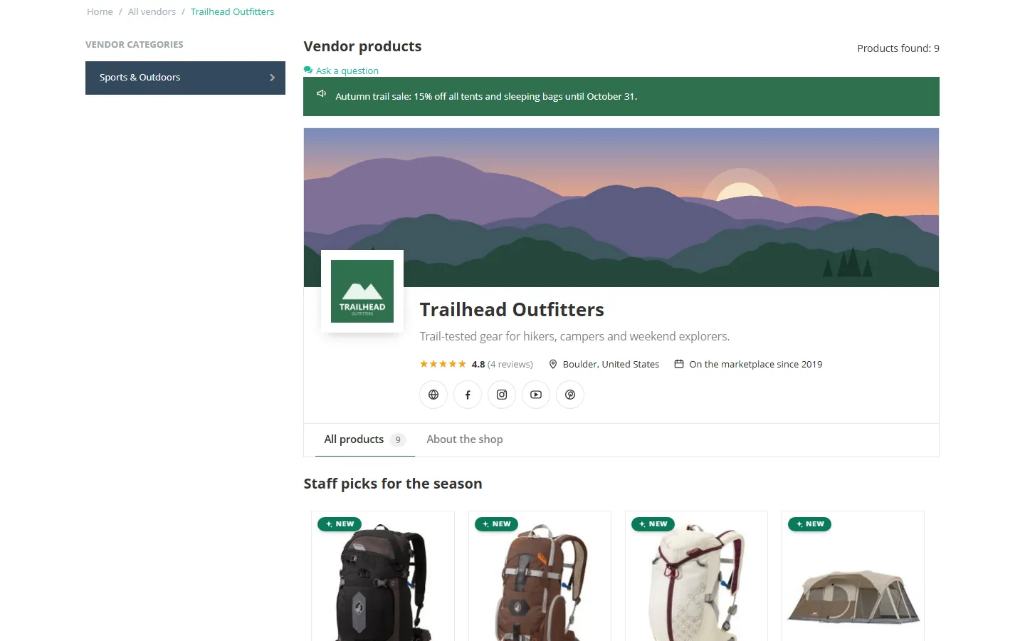 The same vendor store on the Responsive theme (square corners and colours follow the theme).