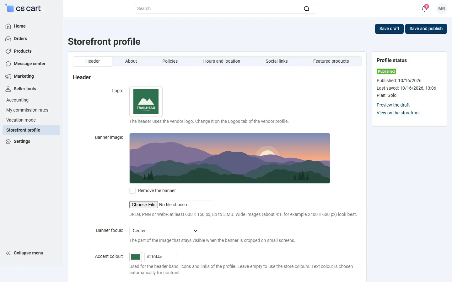 Vendor panel, Seller tools > Storefront profile: header tab with logo (from the vendor profile), banner upload, focus, accent colour, tagline; profile status and preview link.
