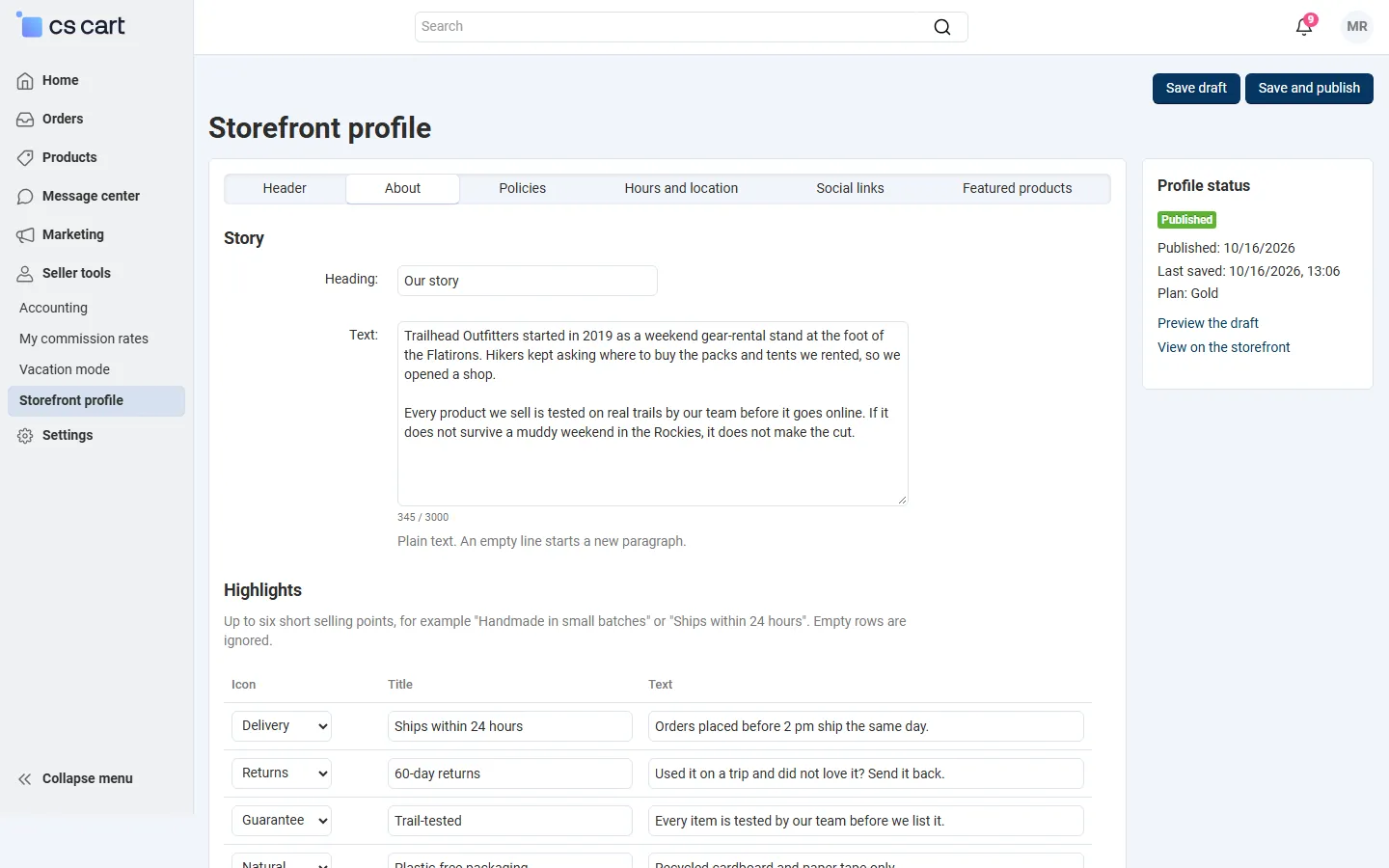 Vendor editor, About tab: story heading and text with a character counter, highlights with icon, title and text.