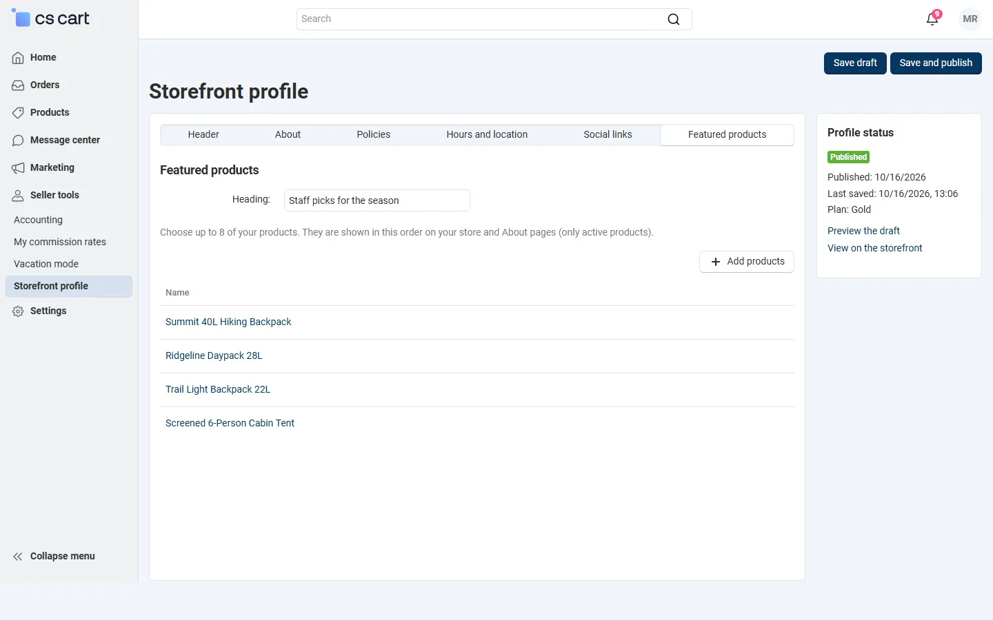 Vendor editor, Featured products: heading and the product picker (own products only, plan limit).