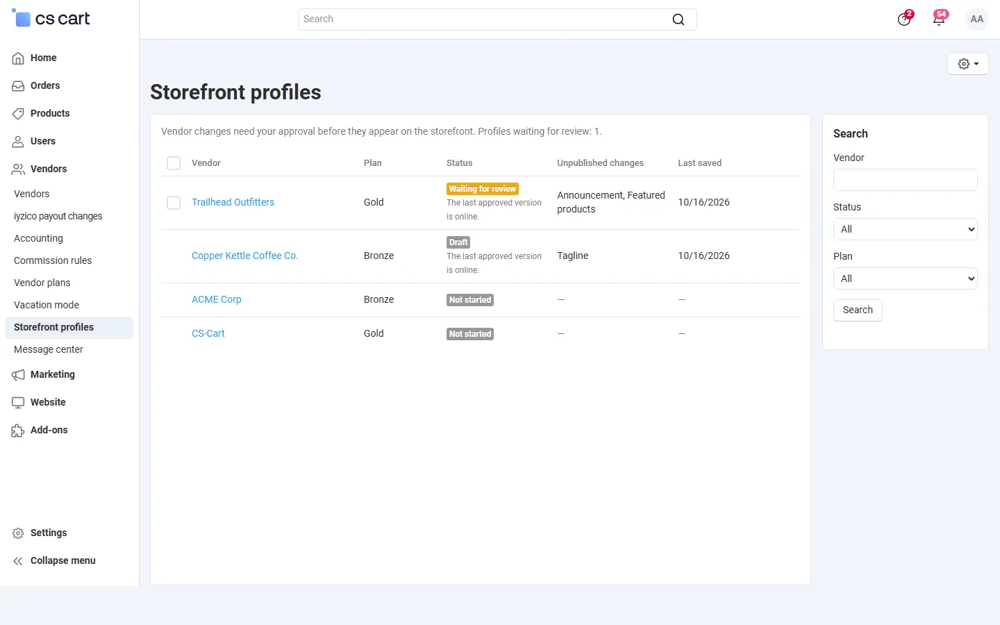 Admin, Vendors > Storefront profiles with approval on: one profile waiting for review, one draft, plan and changed sections per vendor.