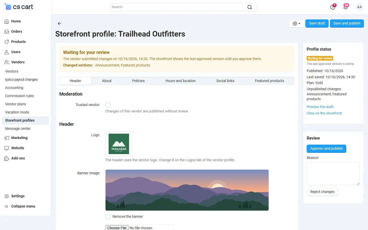 Admin review: “Waiting for your review” with the changed sections, trusted-vendor switch, Approve and publish or Reject with a reason.