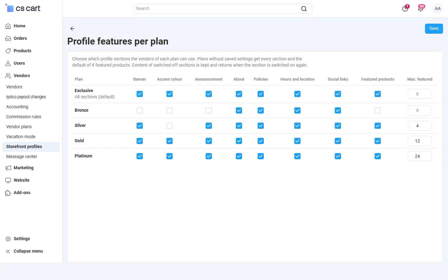 Profile features per vendor plan: sections per plan and the maximum of featured products.