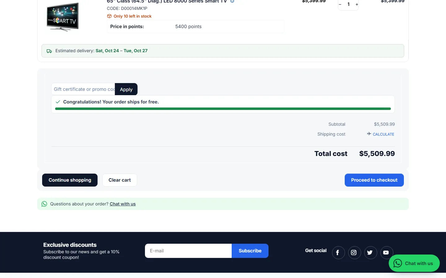 Cart page: “Questions about your order? Chat with us”.