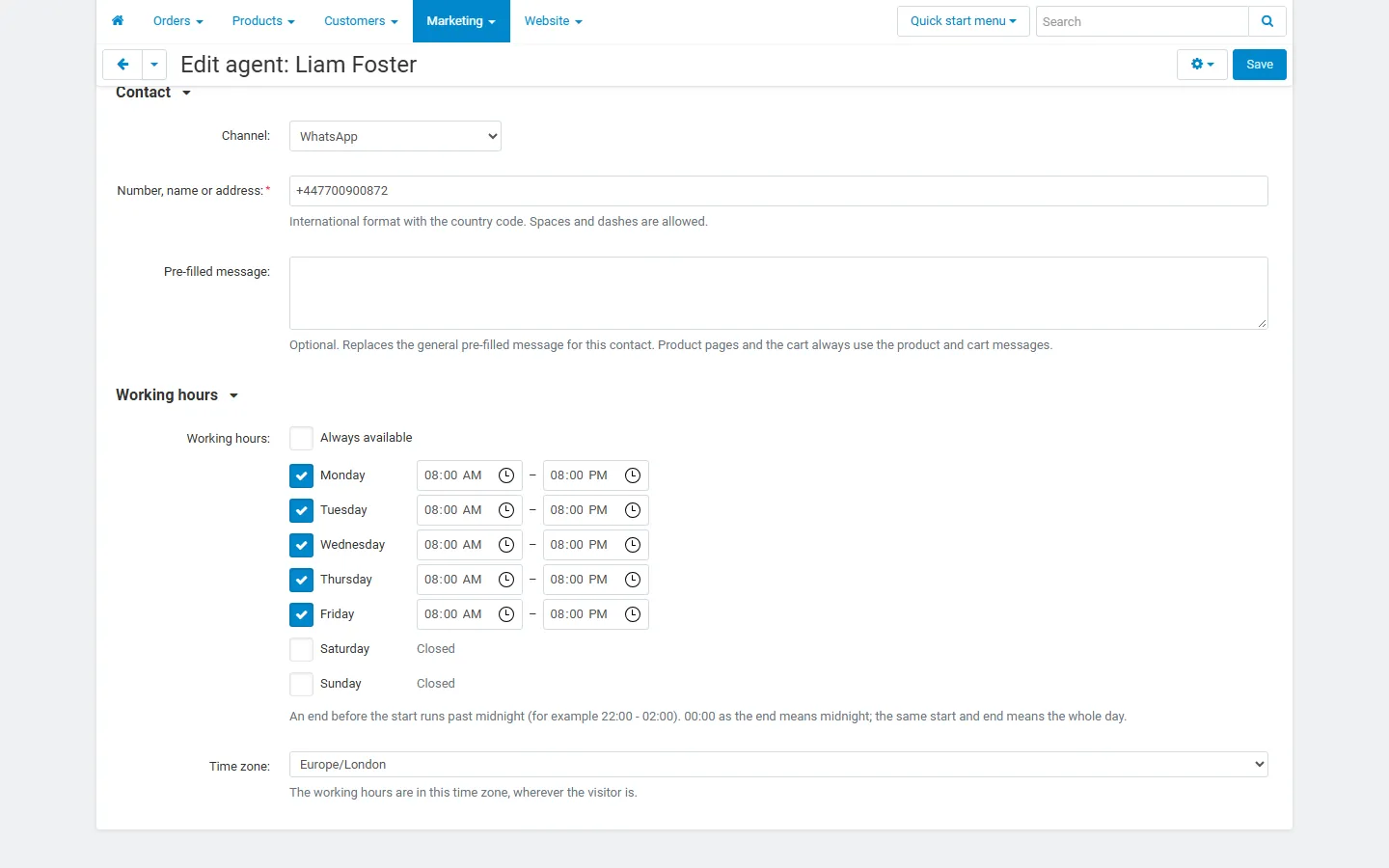 Editing an agent: channel, contact, pre-filled message, weekly working hours and time zone.