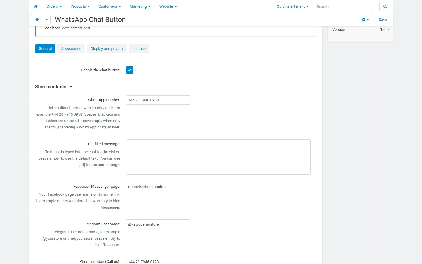 Settings, General: store contacts (WhatsApp, Messenger, Telegram, phone).