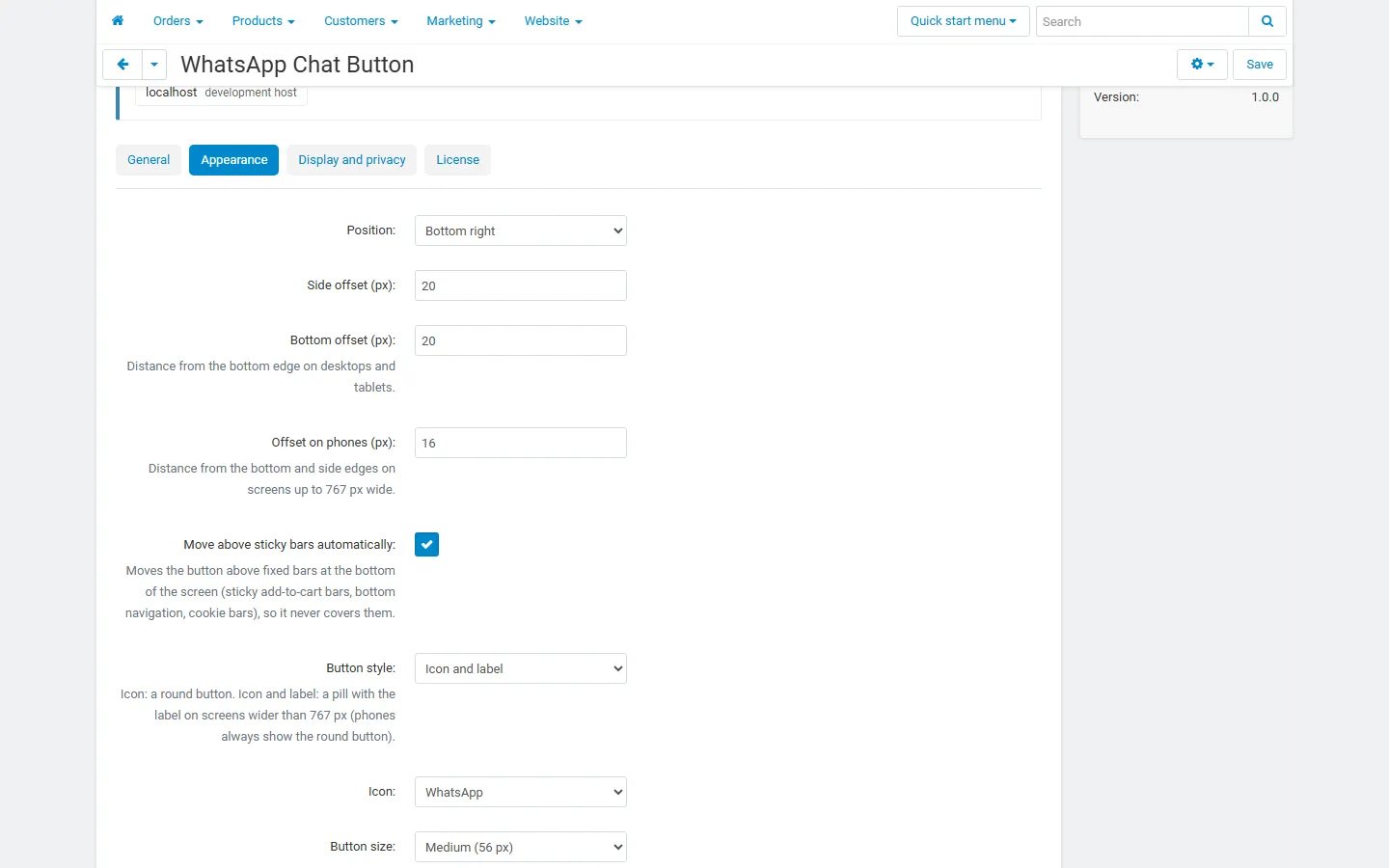Settings, Appearance: position, offsets, automatic move above sticky bars.