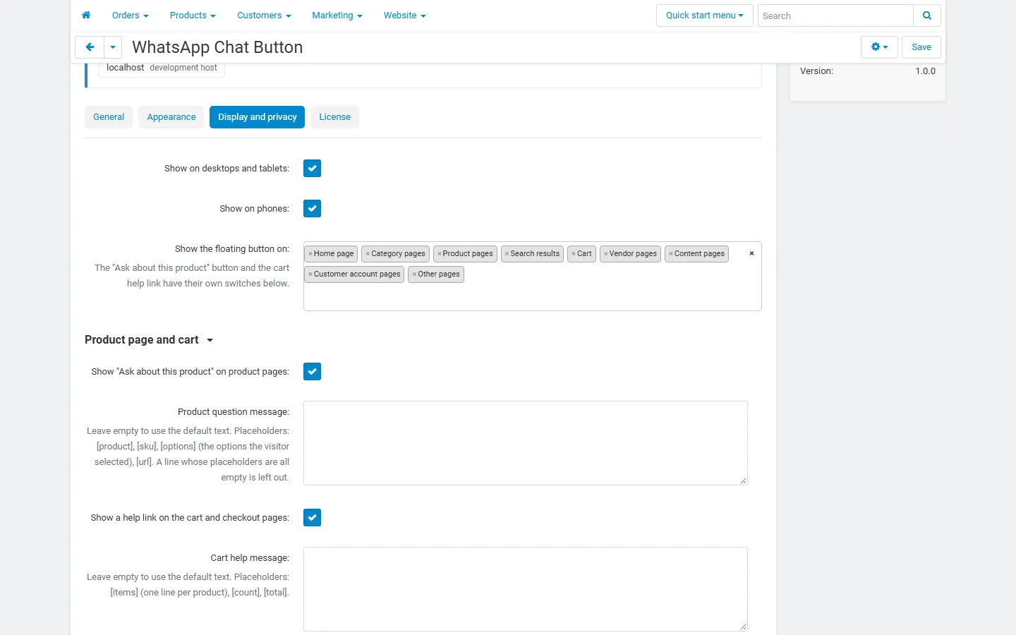 Settings, Display and privacy: devices, pages, Ask about this product and cart help link.