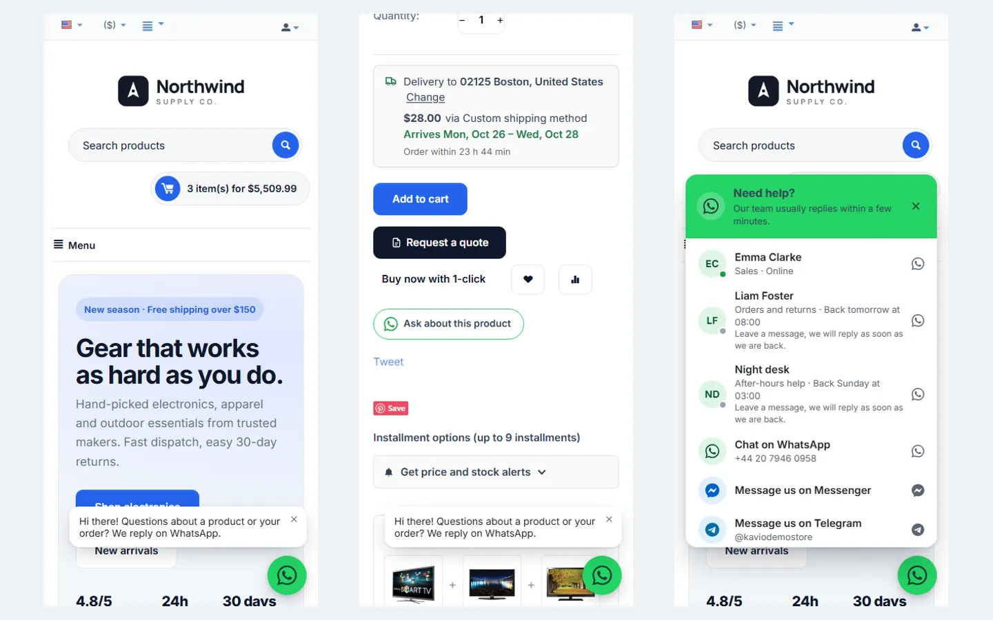 Phone (390 px): greeting, Ask about this product, chat panel.