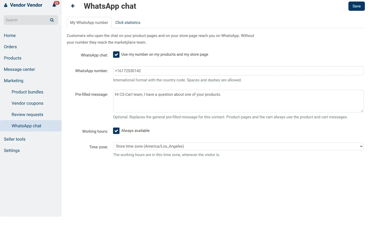 Multi-Vendor vendor panel: the vendor’s own WhatsApp number, message and hours.