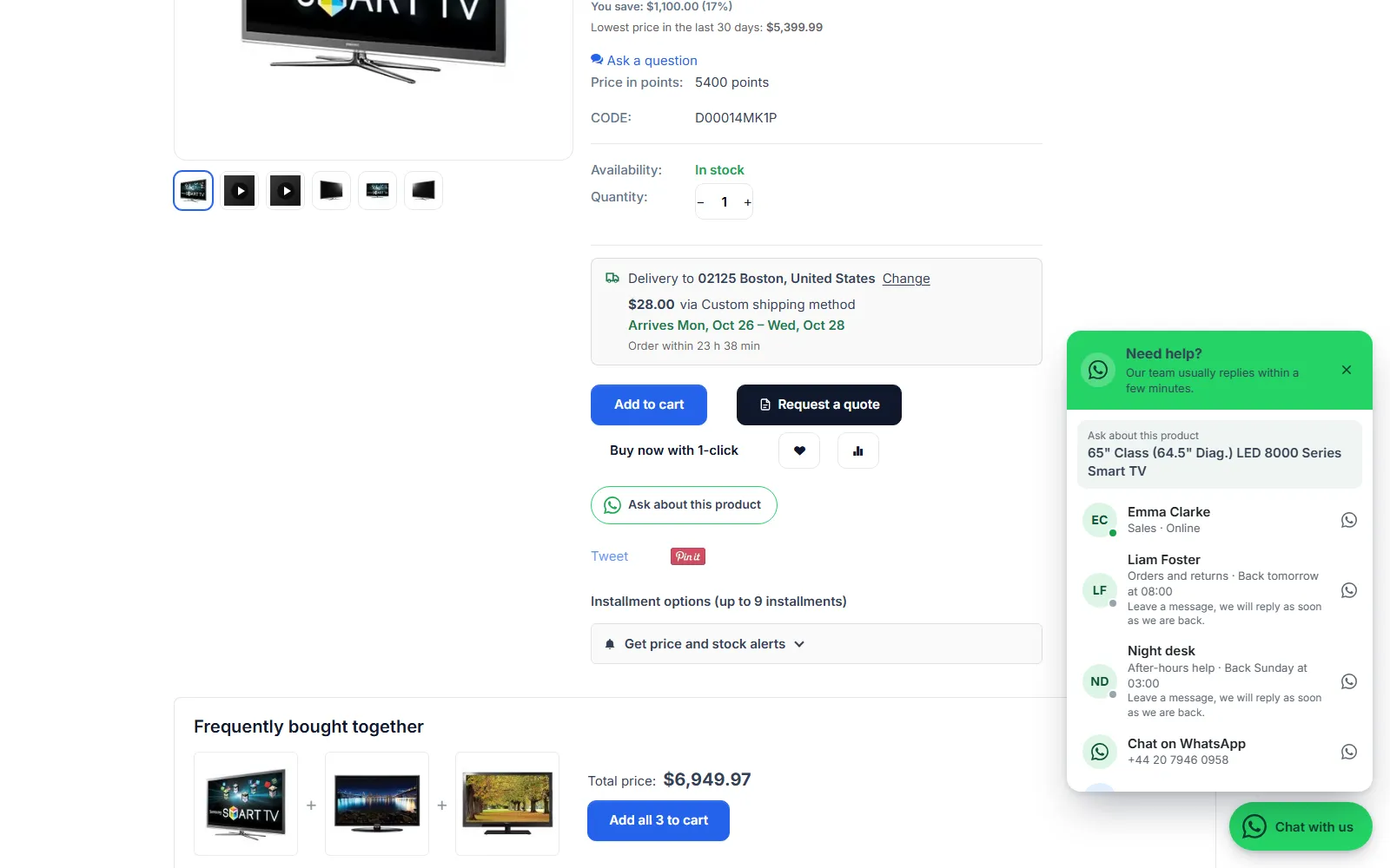 Product page with “Ask about this product” and the chat panel: product name on top, agents with online state and working hours.