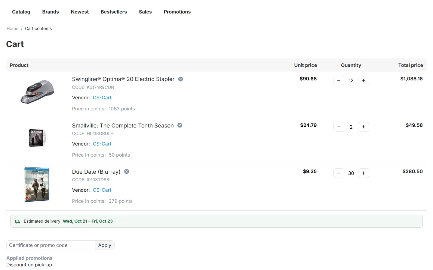 Cart with list prices per quantity (30 items reach the 25+ break).