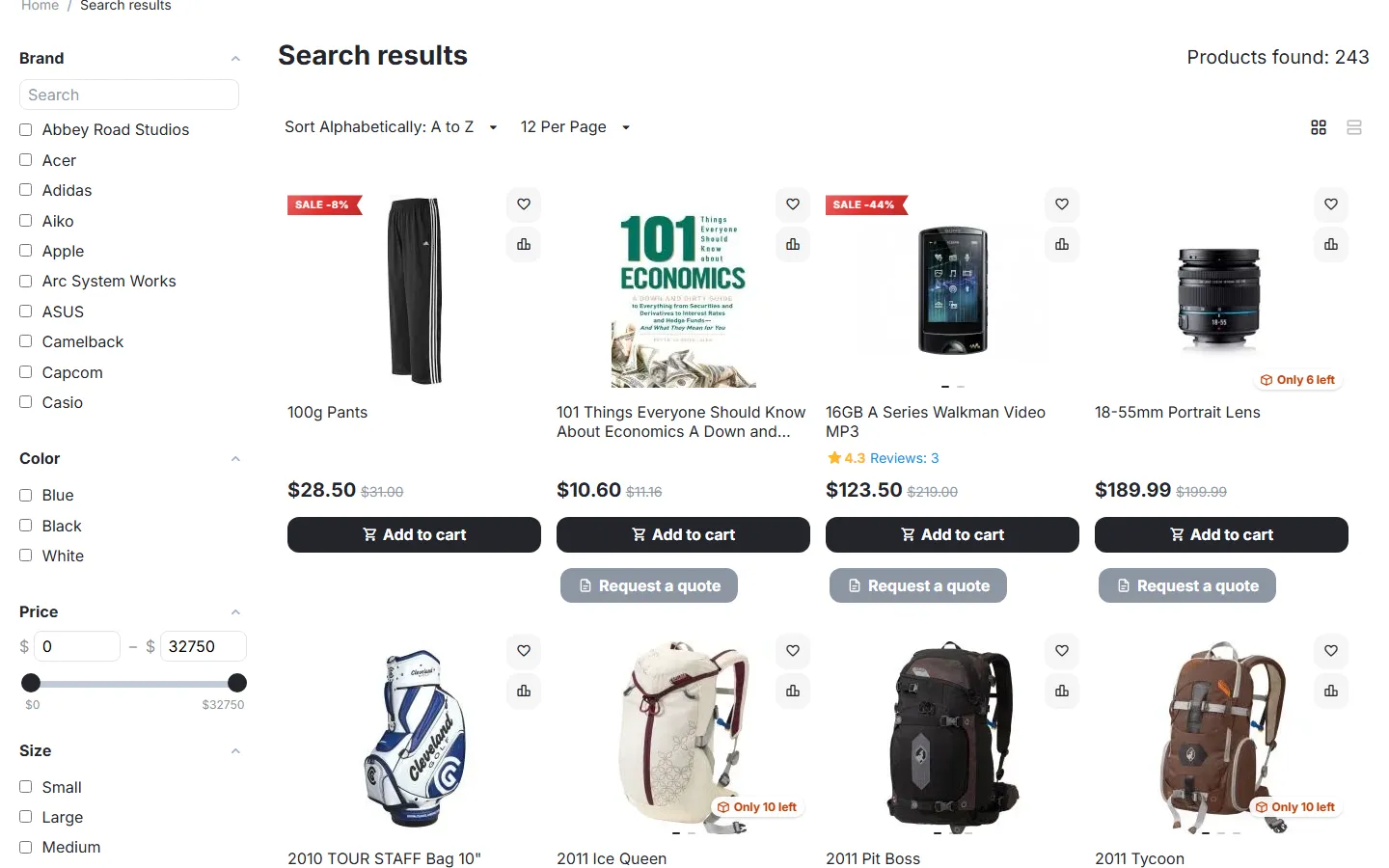 Product list: list prices with the regular price crossed out (“5% off all other products”).