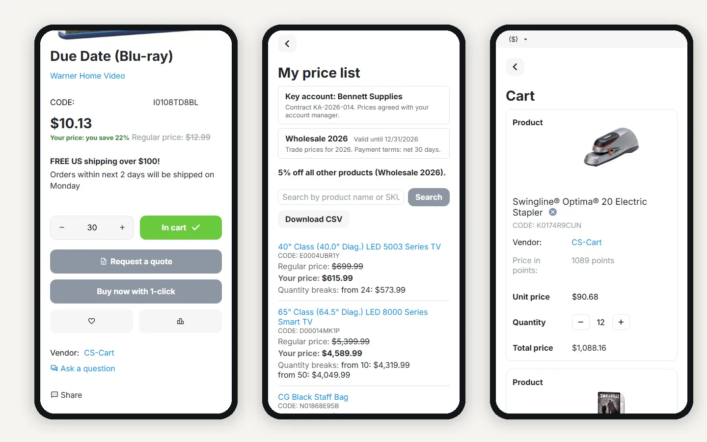 Mobile (390 px): product page, My price list and cart.