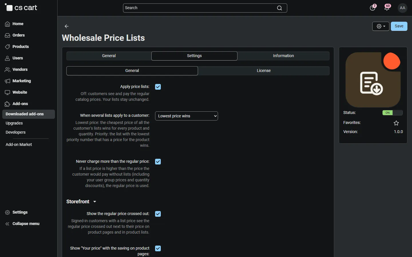 Settings: lowest price or priority when several lists apply, never above the regular price, storefront display options.