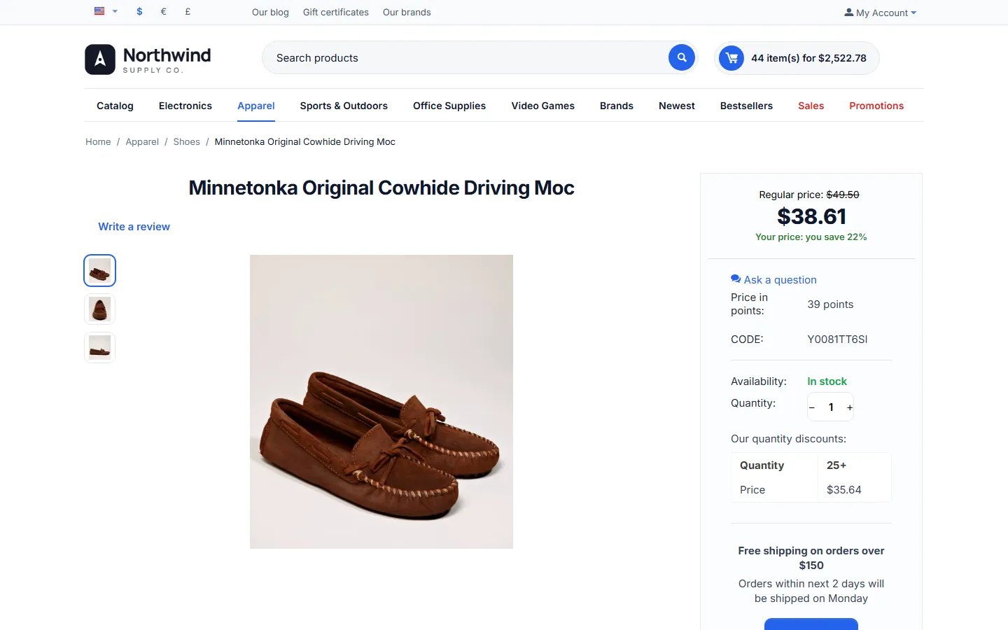 CS-Cart 4.17.2: product page with the list price and the list’s quantity discount table.
