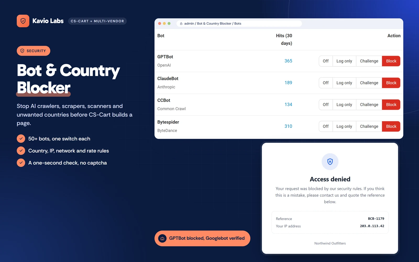 Bot & Country Blocker: AI crawler switches and the block page.